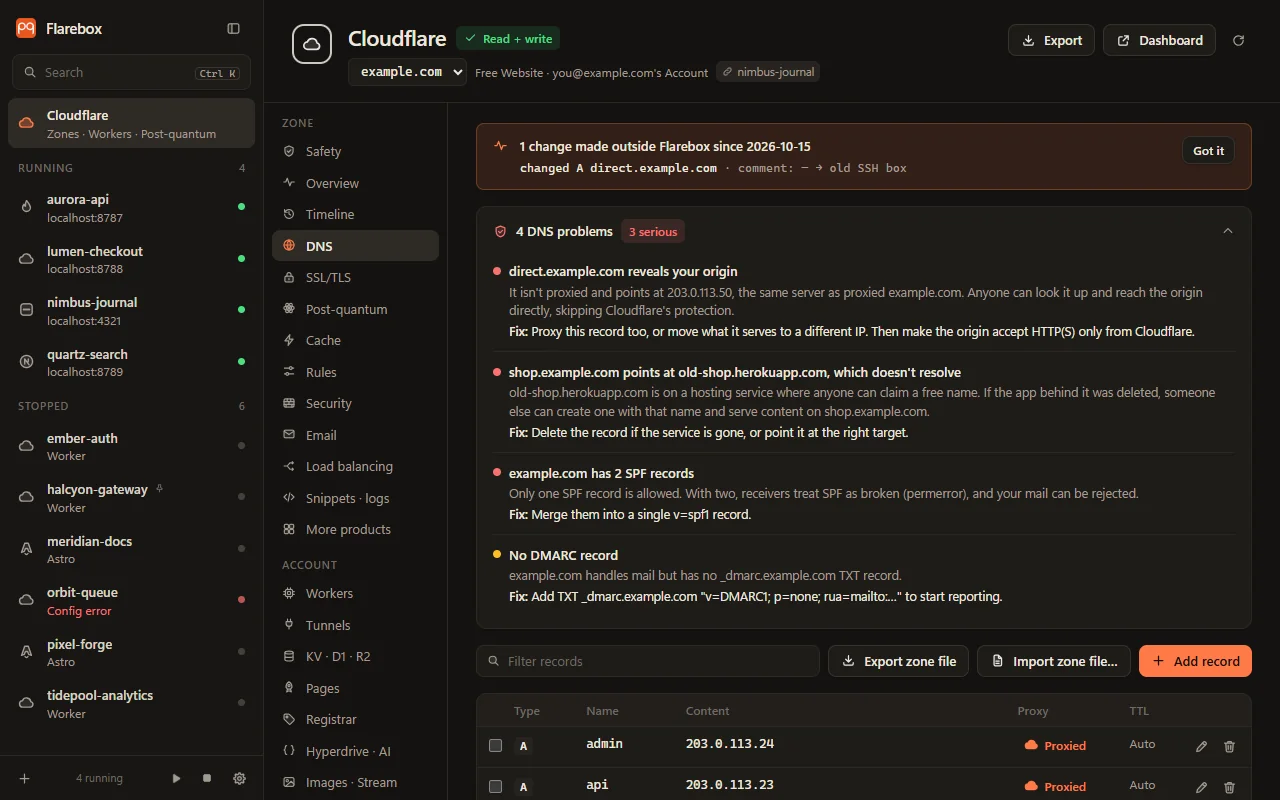 The DNS tab: problems found, then the records