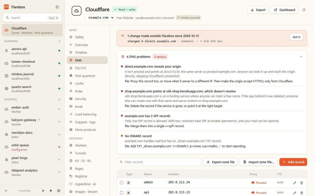 The DNS tab: problems found, then the records