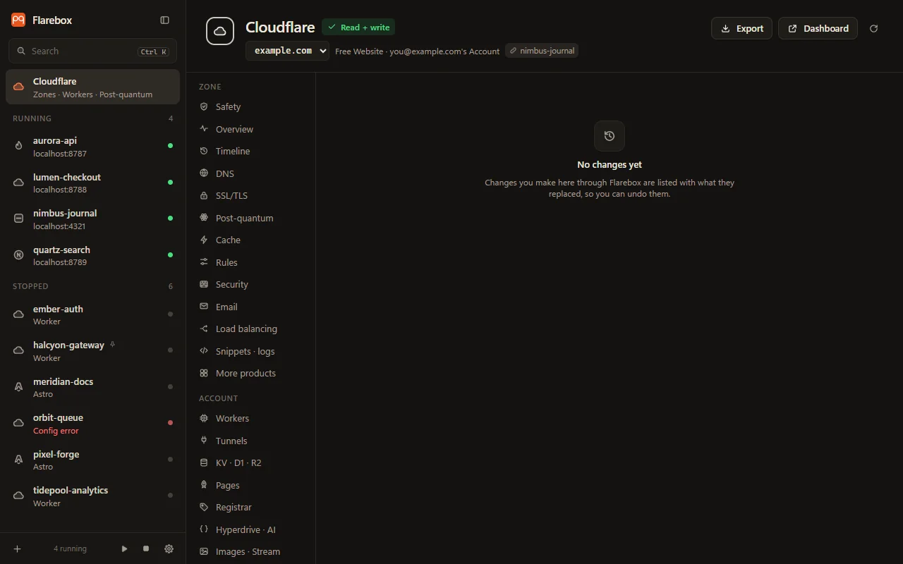 Flarebox → History: every change made from Flarebox, with undo