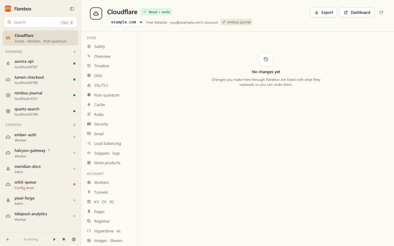 Flarebox → History: every change made from Flarebox, with undo