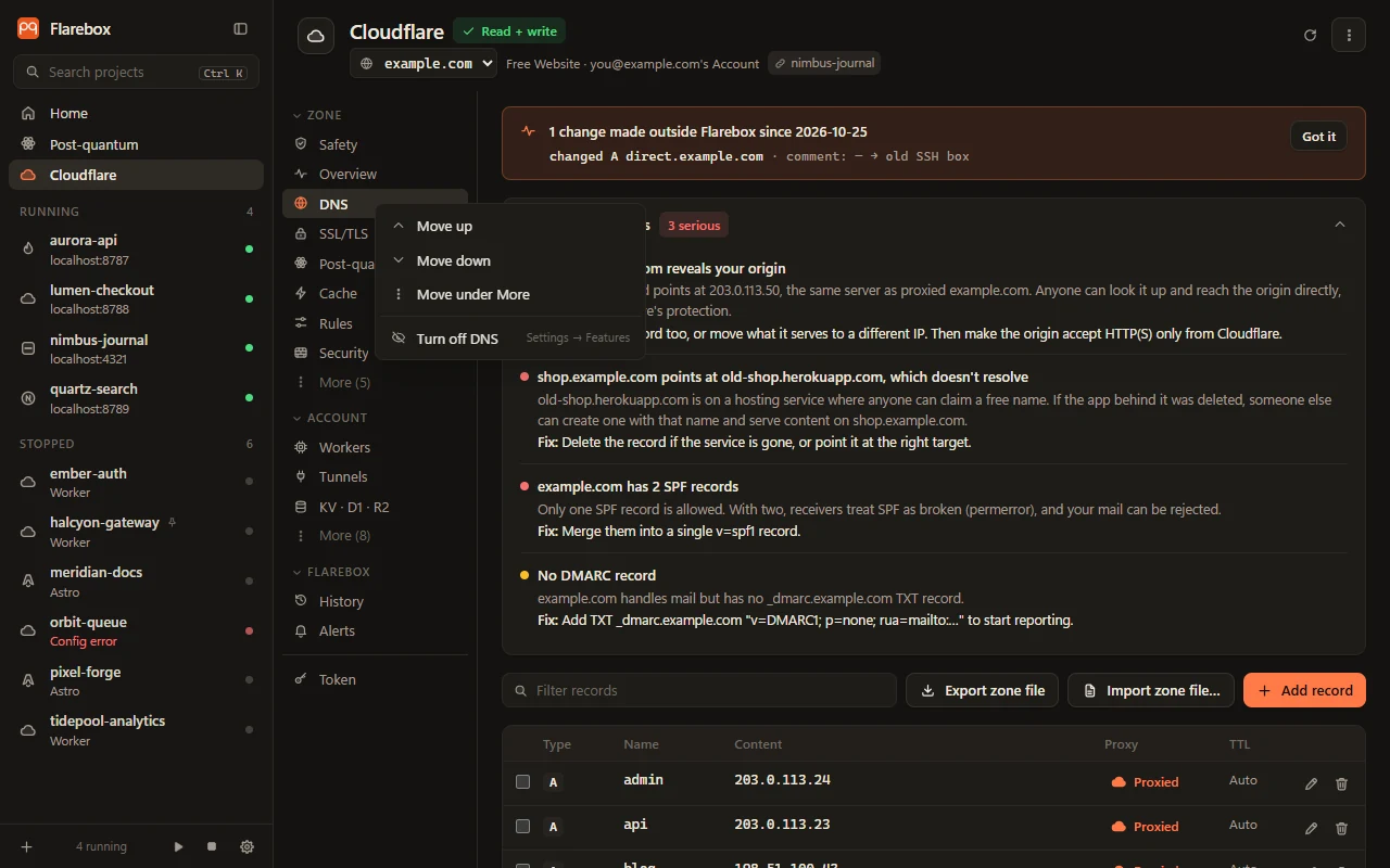 Right-clicking DNS in the Cloudflare menu: move up or down, move under More, turn off