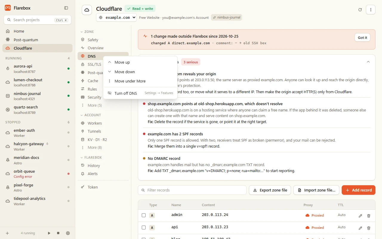 Right-clicking DNS in the Cloudflare menu: move up or down, move under More, turn off