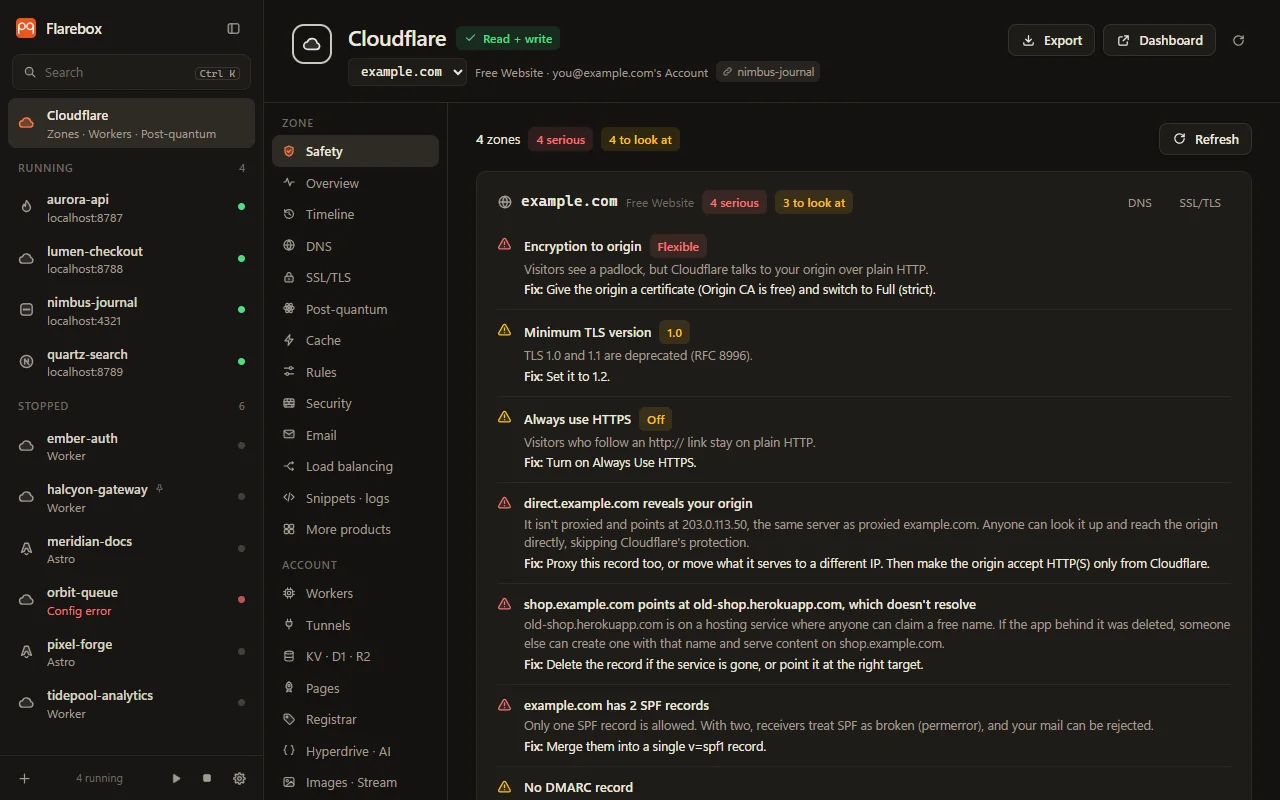 The Safety tab: problems across zones, each with its cause and fix