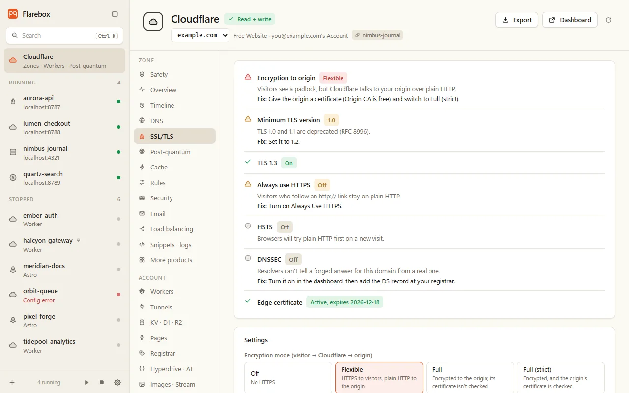 The SSL/TLS tab: each setting with its cause and fix