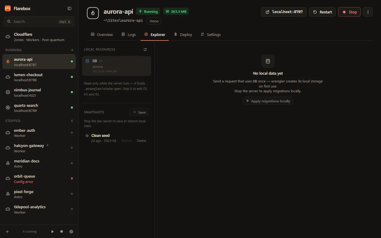 The Explorer tab: local resources, migrations and snapshots