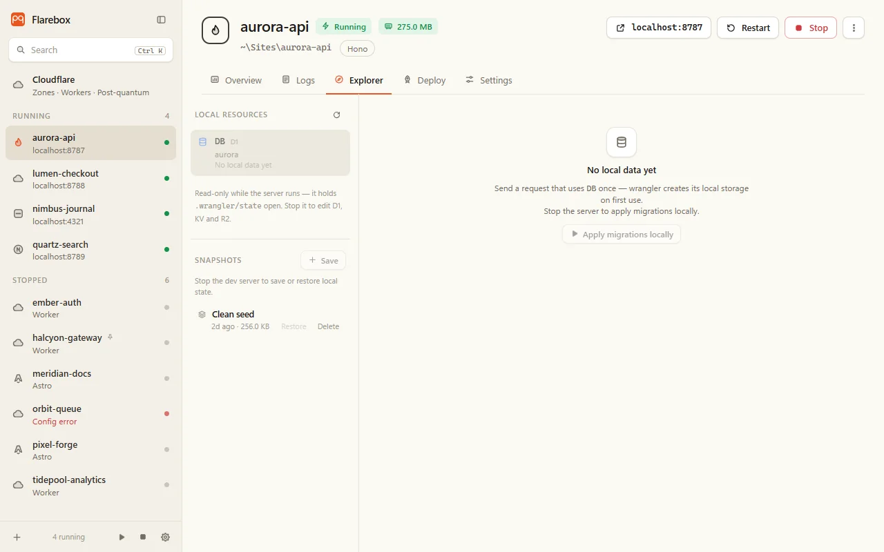The Explorer tab: local resources, migrations and snapshots