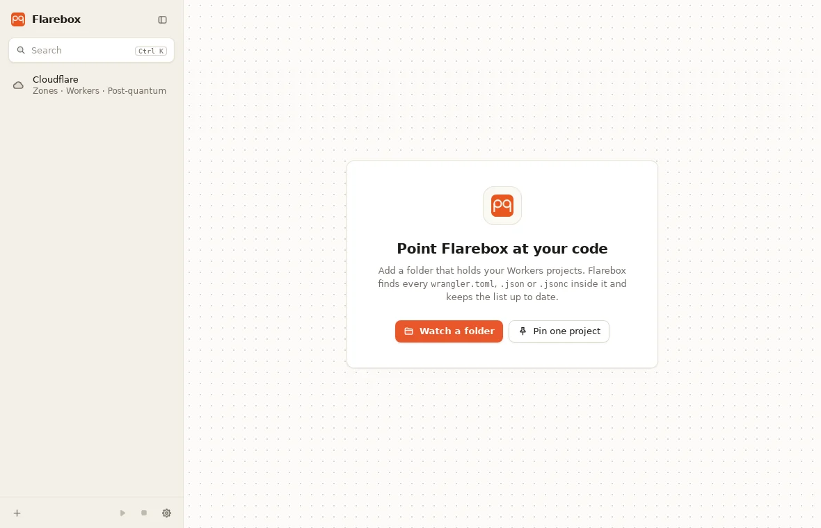 Flarebox 0.2.1 on Linux (WSLg, Ubuntu 24.04): the first-run screen