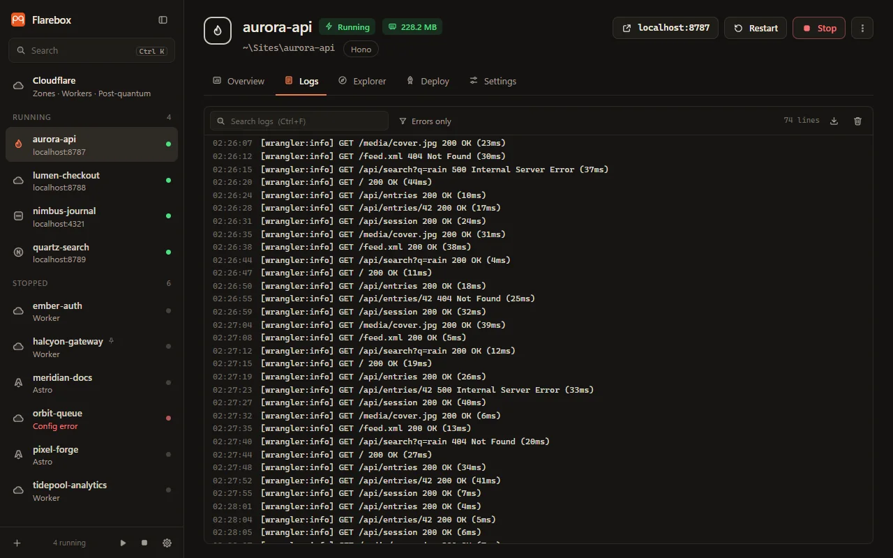 The Logs tab with search and errors-only