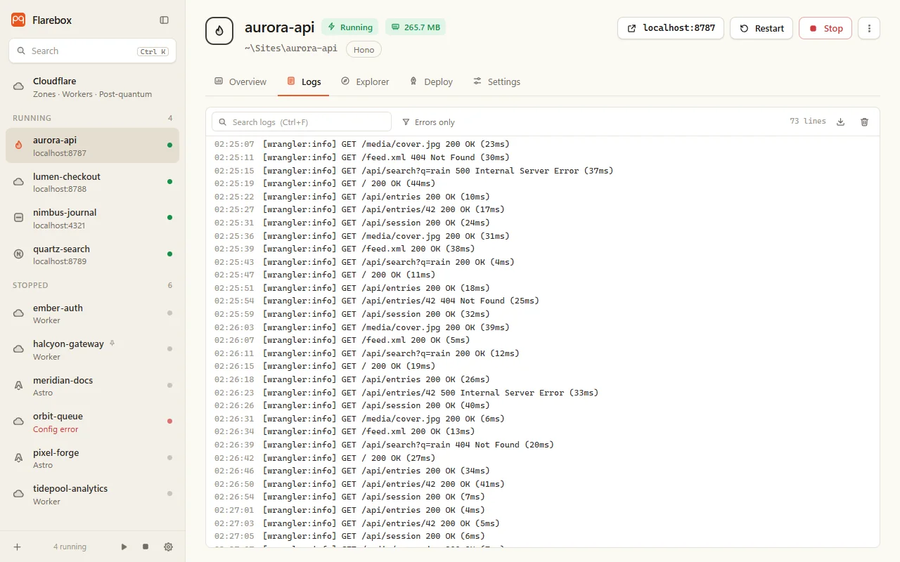 The Logs tab with search and errors-only