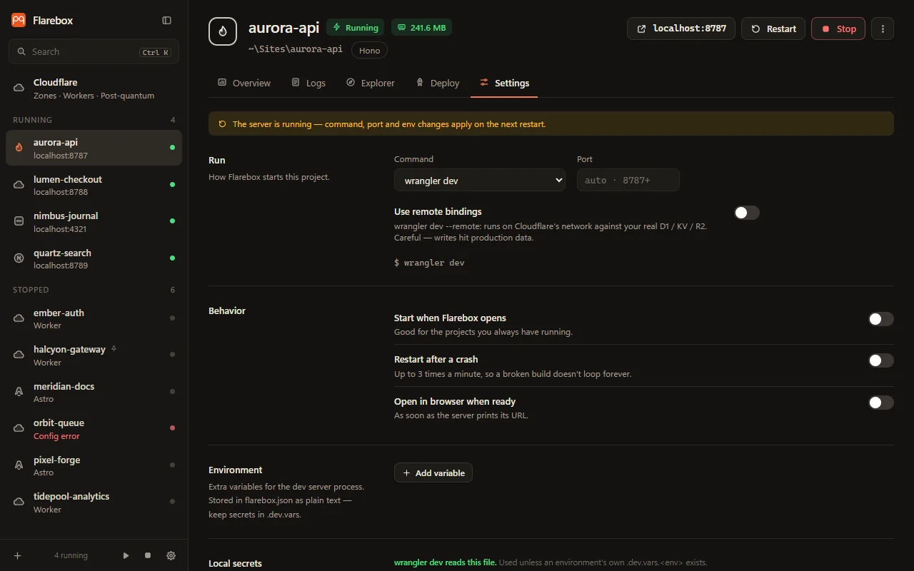 A project's Settings tab: command, port, behaviour and environment