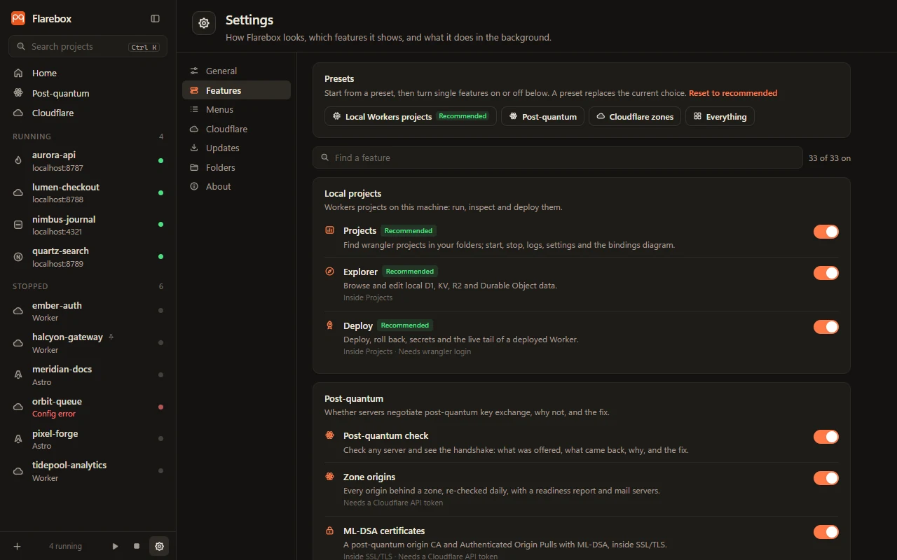Settings → Features: presets, search, and each feature with its switch