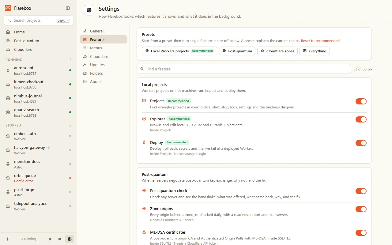 Settings → Features: presets, search, and each feature with its switch