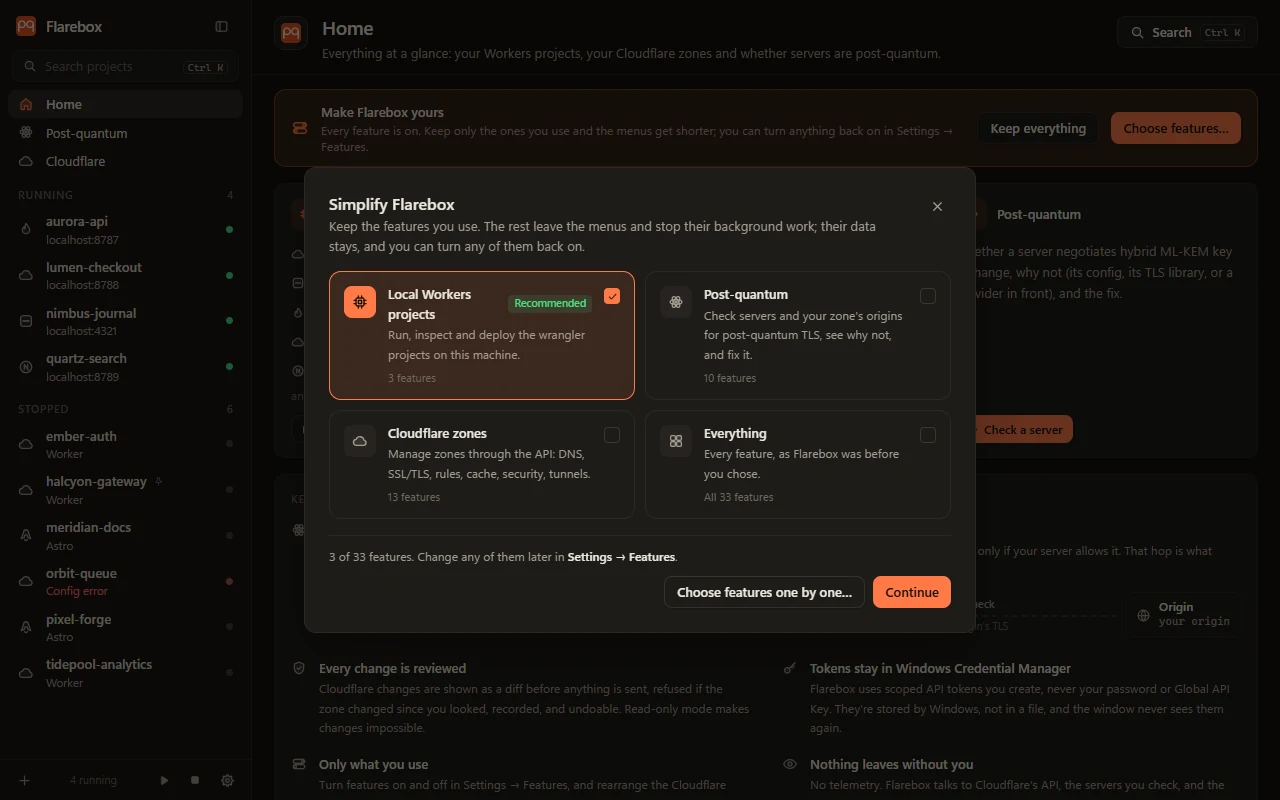 The Simplify Flarebox dialog: four presets, Local Workers projects recommended