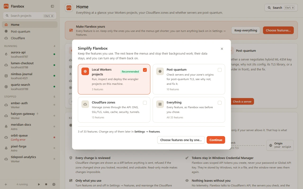 The Simplify Flarebox dialog: four presets, Local Workers projects recommended